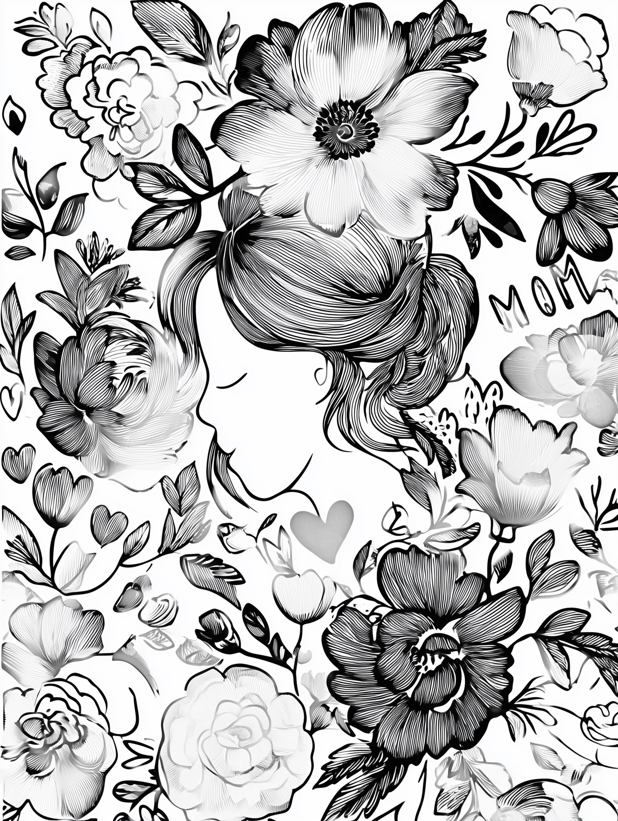 Free printable coloring page for your mom featuring another profile view of mom with flowers